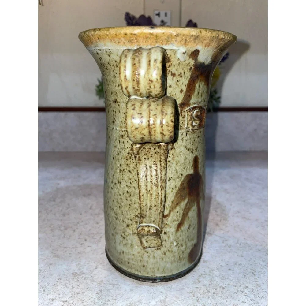 Vintage Ceramic Spoon Holder With Textured Handles & Unique Glaze Finish